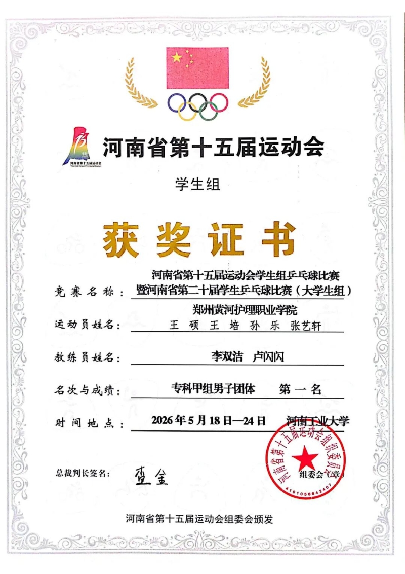 365足球在河南省第二十届学生乒乓球比赛（大学生组）中荣获专科甲组男子团体冠军